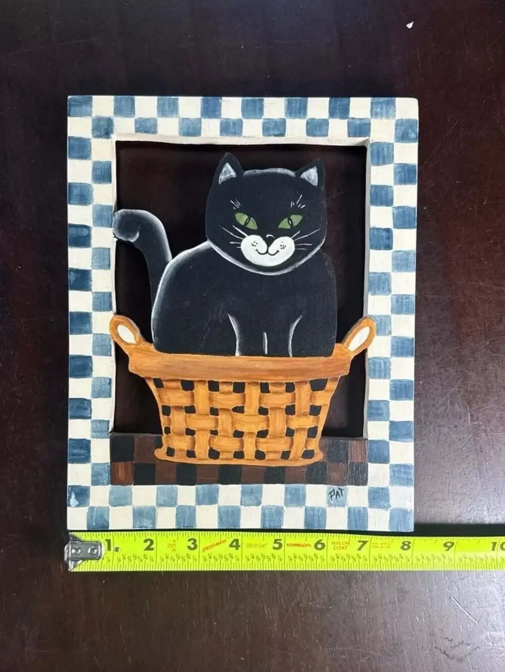 Pat Isaac Vintage Wood Cutout Wall Art Set Cat & Dog in Baskets Checked Borders